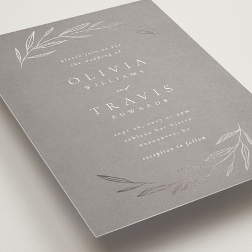 This is a mist foil stamped wedding invitations with foil pressed by Kelly Schmidt called leaves printing on signature in standard
