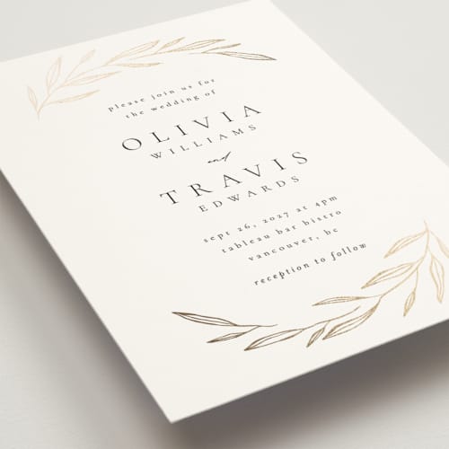 This is a silk foil stamped wedding invitations with foil pressed by Kelly Schmidt called leaves printing on signature in standard