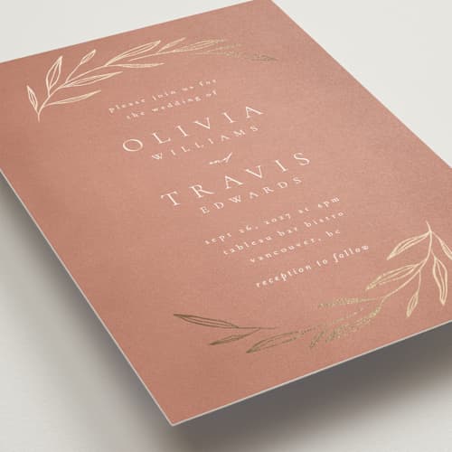 This is a terracotta foil stamped wedding invitations with foil pressed by Kelly Schmidt called leaves printing on signature in standard