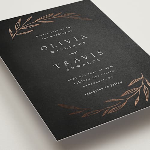 This is a charcoal foil stamped wedding invitations with foil pressed by Kelly Schmidt called leaves printing on signature in standard