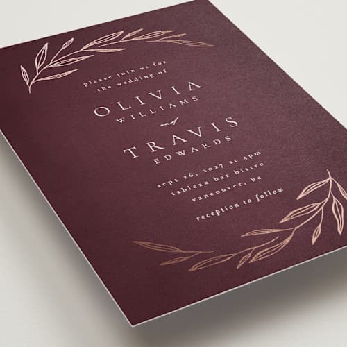 This is a merlot foil stamped wedding invitations with foil pressed by Kelly Schmidt called leaves printing on signature in standard