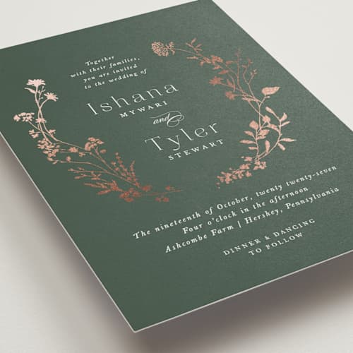 This is a garden foil stamped wedding invitations with foil pressed by Jennifer Wick called queen anne's lace printing on signature in standard