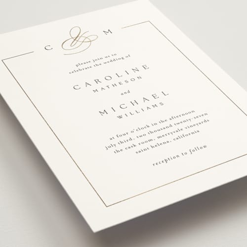 This is a silk foil stamped wedding invitations with foil pressed by Kelly Schmidt called framed monogram printing on signature in standard