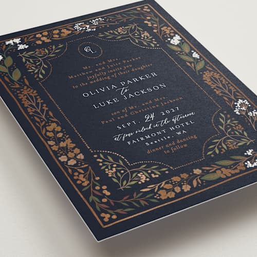 This is a navy foil stamped wedding invitations with foil pressed by Alethea and Ruth called illuminated storybook printing on signature in standard