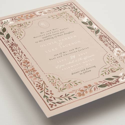 This is a burnt rose foil stamped wedding invitations with foil pressed by Alethea and Ruth called illuminated storybook printing on signature in standard