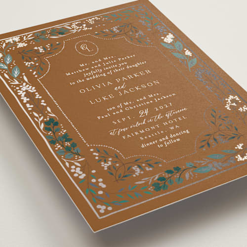 This is a earth foil stamped wedding invitations with foil pressed by Alethea and Ruth called illuminated storybook printing on signature in standard