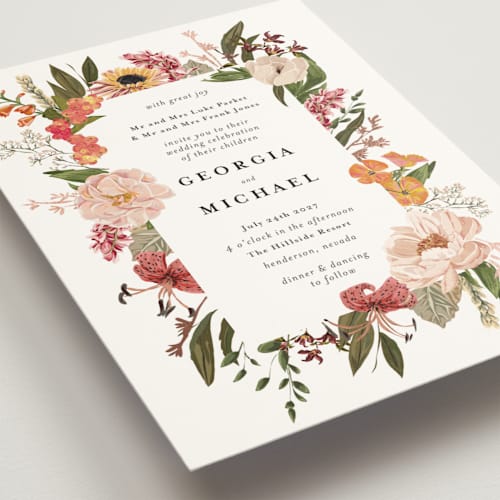 This is a summer foil stamped wedding invitations with foil pressed by Susan Moyal called harmony printing on signature in standard