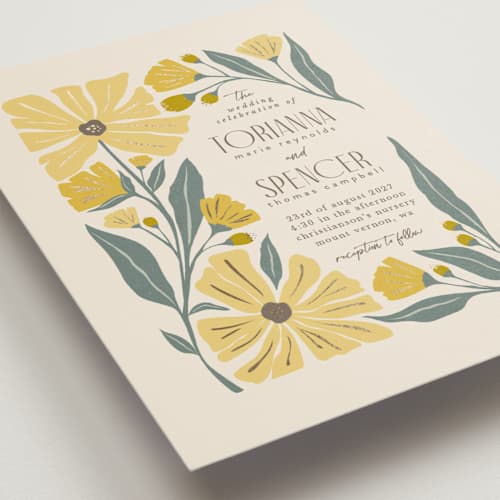 This is a buttercup foil stamped wedding invitations with foil pressed by Karidy Walker called storybook garden printing on signature in standard