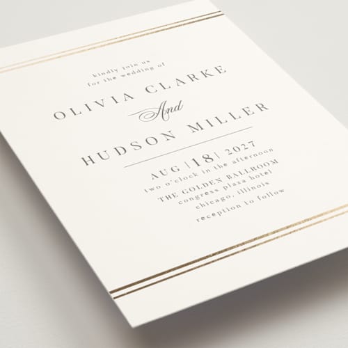 This is a pearl foil stamped wedding invitations with foil pressed by Nicole Walsh called classic elegance printing on signature in standard