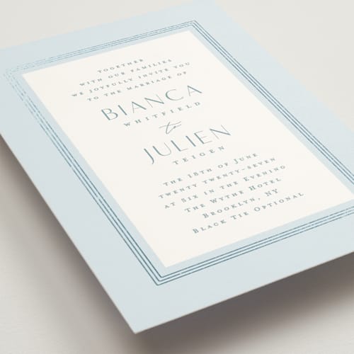 This is a sky foil stamped wedding invitations with foil pressed by Kristie Kern called soleil printing on signature in standard