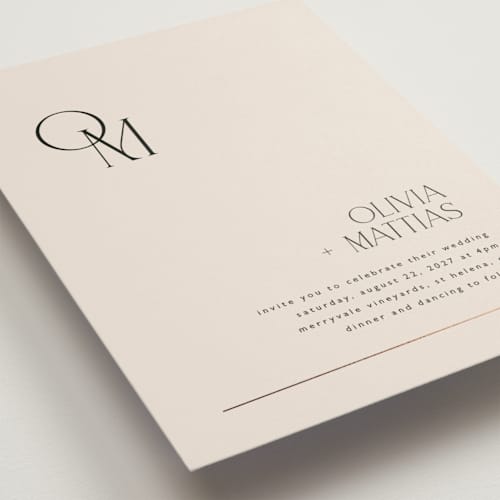 This is a linen foil stamped wedding invitations with foil pressed by Kelly Schmidt called modern corner printing on signature in standard