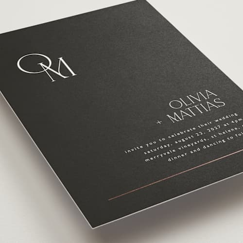 This is a charcoal foil stamped wedding invitations with foil pressed by Kelly Schmidt called modern corner printing on signature in standard