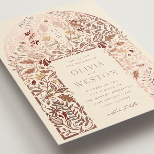 This is a chestnut foil stamped wedding invitations with foil pressed by Erin German called autumnal arch printing on signature in standard