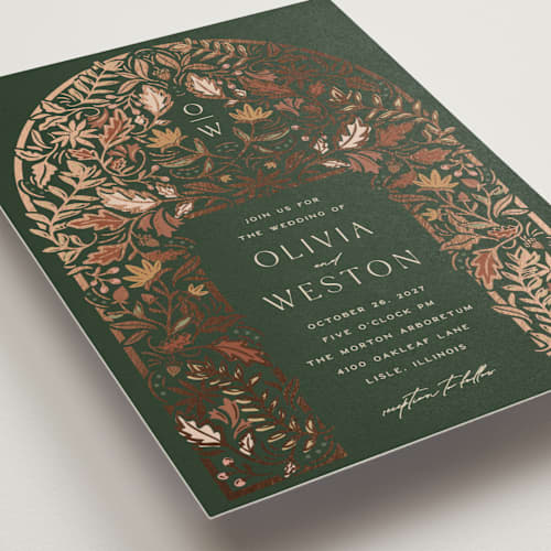 This is a leaf foil stamped wedding invitations with foil pressed by Erin German called autumnal arch printing on signature in standard