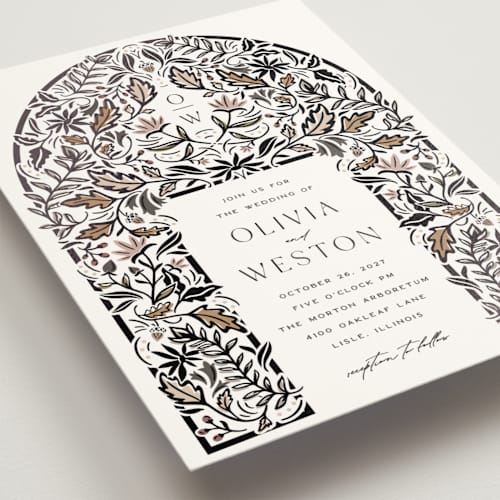 This is a charcoal foil stamped wedding invitations with foil pressed by Erin German called autumnal arch printing on signature in standard