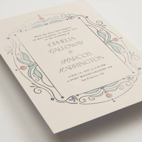 This is a ivory foil stamped wedding invitations with foil pressed by Maria Hilas-Louie called ornate elegance printing on signature in standard