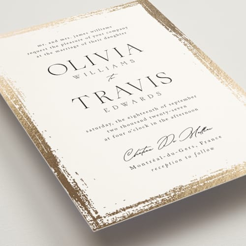 This is a silk foil stamped wedding invitations with foil pressed by Kelly Schmidt called brushed edge printing on signature in standard