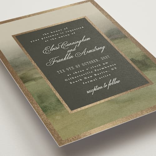 This is a graphite foil stamped wedding invitations with foil pressed by Everett Paper Goods called hillside printing on signature in standard