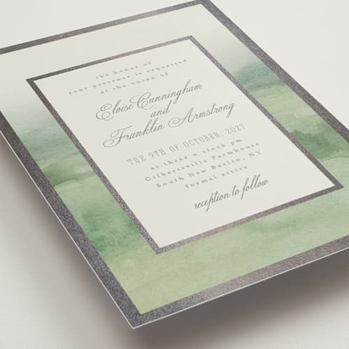 This is a mint foil stamped wedding invitations with foil pressed by Everett Paper Goods called hillside printing on signature in standard