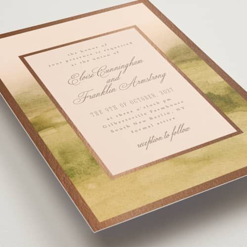This is a desert blush foil stamped wedding invitations with foil pressed by Everett Paper Goods called hillside printing on signature in standard