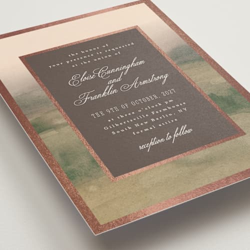 This is a vineyard foil stamped wedding invitations with foil pressed by Everett Paper Goods called hillside printing on signature in standard