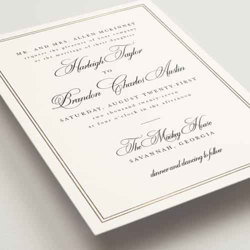 This is a snow foil stamped wedding invitations with foil pressed by Sarah Brown called traditionalist printing on signature in standard