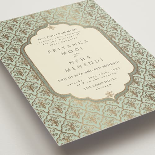 This is a aqua foil stamped wedding invitations with foil pressed by Pati Cascino called aatreya printing on signature in standard