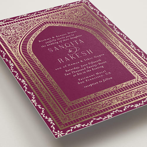 This is a garnet foil stamped wedding invitations with foil pressed by Chris Griffith called amber palace printing on signature in standard