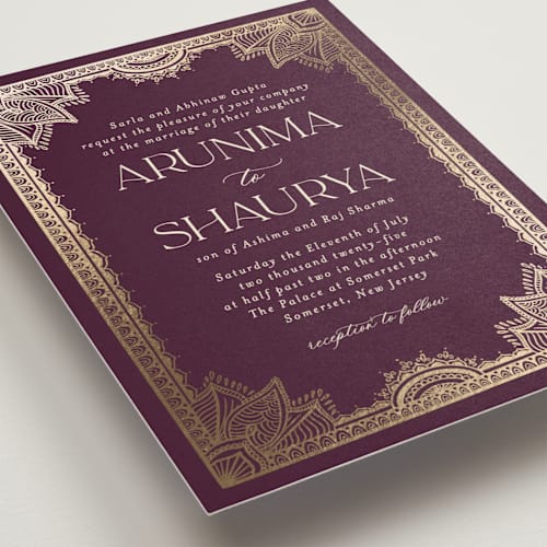 This is a plum foil stamped wedding invitations with foil pressed by Randi Cirelli called arunima printing on signature in standard