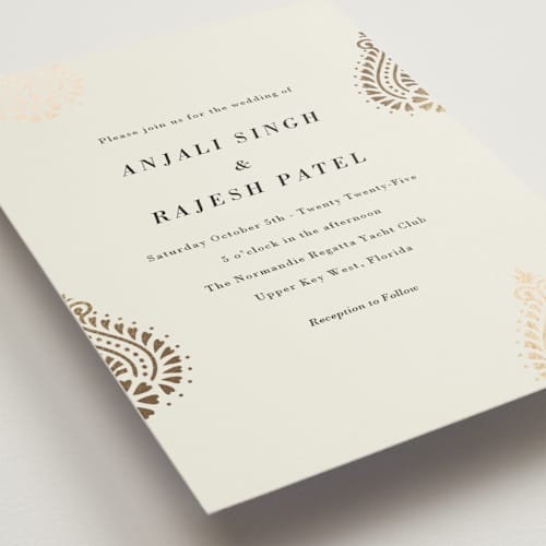 This is a champagne foil stamped wedding invitations with foil pressed by Oma N. Ramkhelawan called henna stamp printing on signature in standard