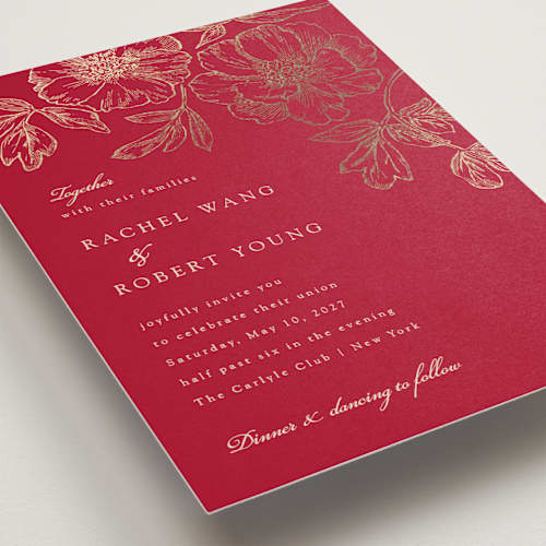 This is a ruby foil stamped wedding invitations with foil pressed by Janean Hinger called double peony printing on signature in standard