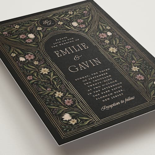 This is a noir foil stamped wedding invitations with foil pressed by Randi Cirelli called emilie printing on signature in standard