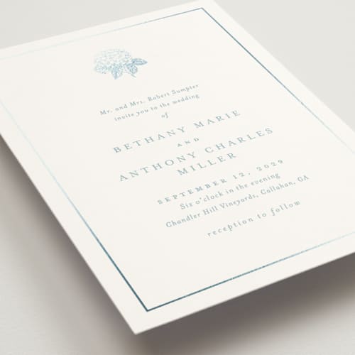This is a seaside foil stamped wedding invitations with foil pressed by Stacey Meacham called hydrangea bloom printing on signature in standard