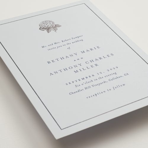 This is a sky foil stamped wedding invitations with foil pressed by Stacey Meacham called hydrangea bloom printing on signature in standard