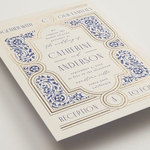 This is a dynasty blue foil stamped wedding invitations with foil pressed by Ana de Sousa called tiled romance printing on signature in standard