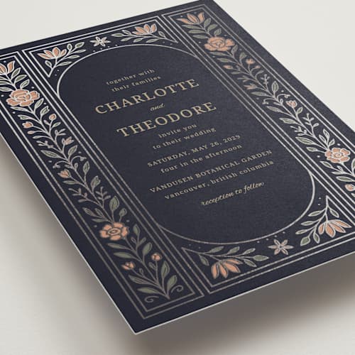 This is a navy foil stamped wedding invitations with foil pressed by Jess Rosa Beck called botanical tapestry printing on signature in standard