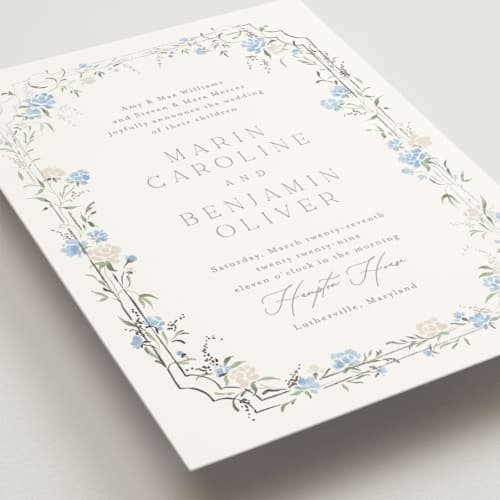 This is a waterfront foil stamped wedding invitations with foil pressed by Erin L. Wilson called victorian trellis printing on signature in standard