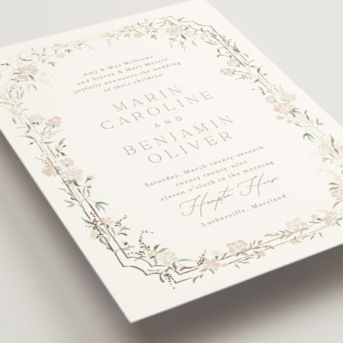 This is a pearl foil stamped wedding invitations with foil pressed by Erin L. Wilson called victorian trellis printing on signature in standard