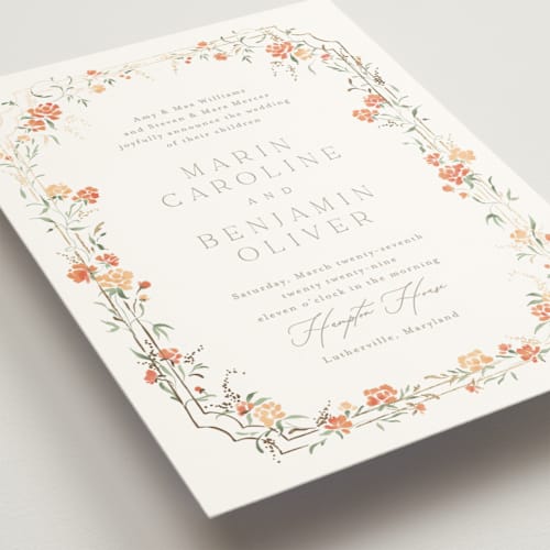 This is a verona sunset foil stamped wedding invitations with foil pressed by Erin L. Wilson called victorian trellis printing on signature in standard