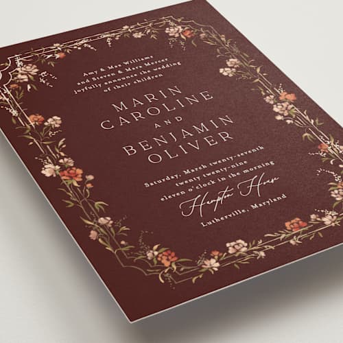 This is a autumn breeze foil stamped wedding invitations with foil pressed by Erin L. Wilson called victorian trellis printing on signature in standard