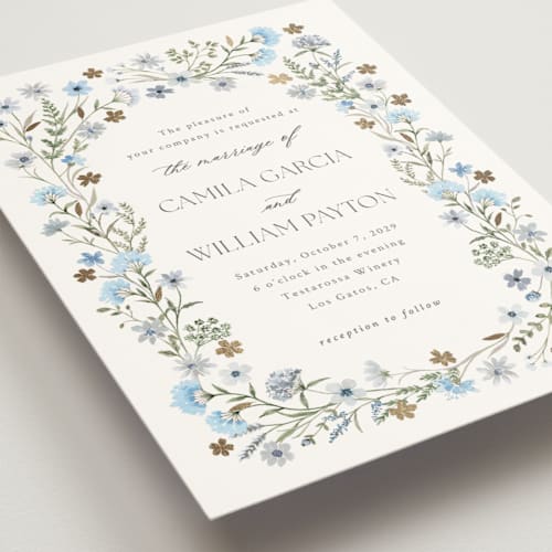 This is a azure foil stamped wedding invitations with foil pressed by Yaling Hou Suzuki called bright garden printing on signature in standard