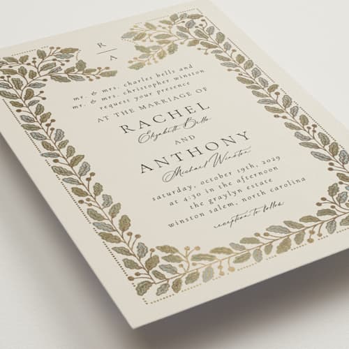 This is a fern foil stamped wedding invitations with foil pressed by Jen Owens called vine wrap printing on signature in standard