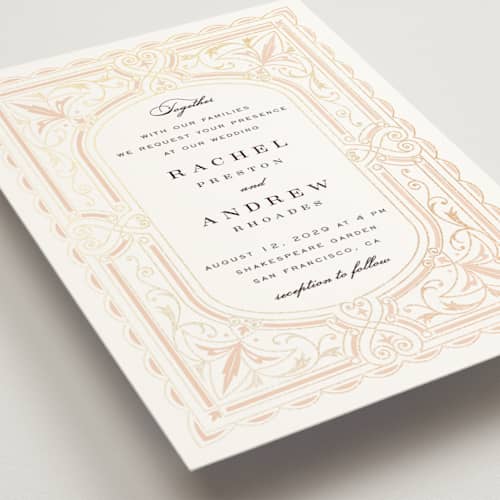 This is a soft peach foil stamped wedding invitations with foil pressed by Janean Hinger called aurelia printing on signature in standard
