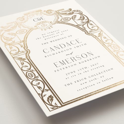 This is a ivory foil stamped wedding invitations with foil pressed by Ana de Sousa called mirror printing on signature in standard
