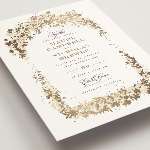 This is a honeysuckle foil stamped wedding invitations with foil pressed by Leah Bisch called heritage printing on signature in standard