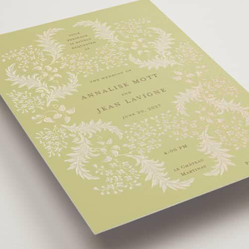 This is a citron foil stamped wedding invitations with foil pressed by Ani Somi called french train printing on signature in standard