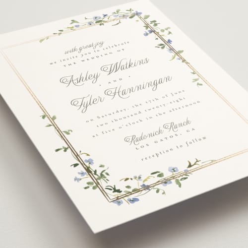 This is a bluebell foil stamped wedding invitations with foil pressed by Everett Paper Goods called flowering vine printing on signature in standard