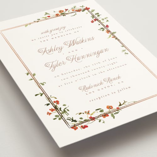 This is a nasturtium foil stamped wedding invitations with foil pressed by Everett Paper Goods called flowering vine printing on signature in standard