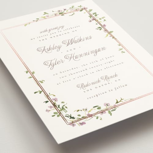This is a lilac foil stamped wedding invitations with foil pressed by Everett Paper Goods called flowering vine printing on signature in standard