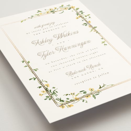 This is a mimosa foil stamped wedding invitations with foil pressed by Everett Paper Goods called flowering vine printing on signature in standard